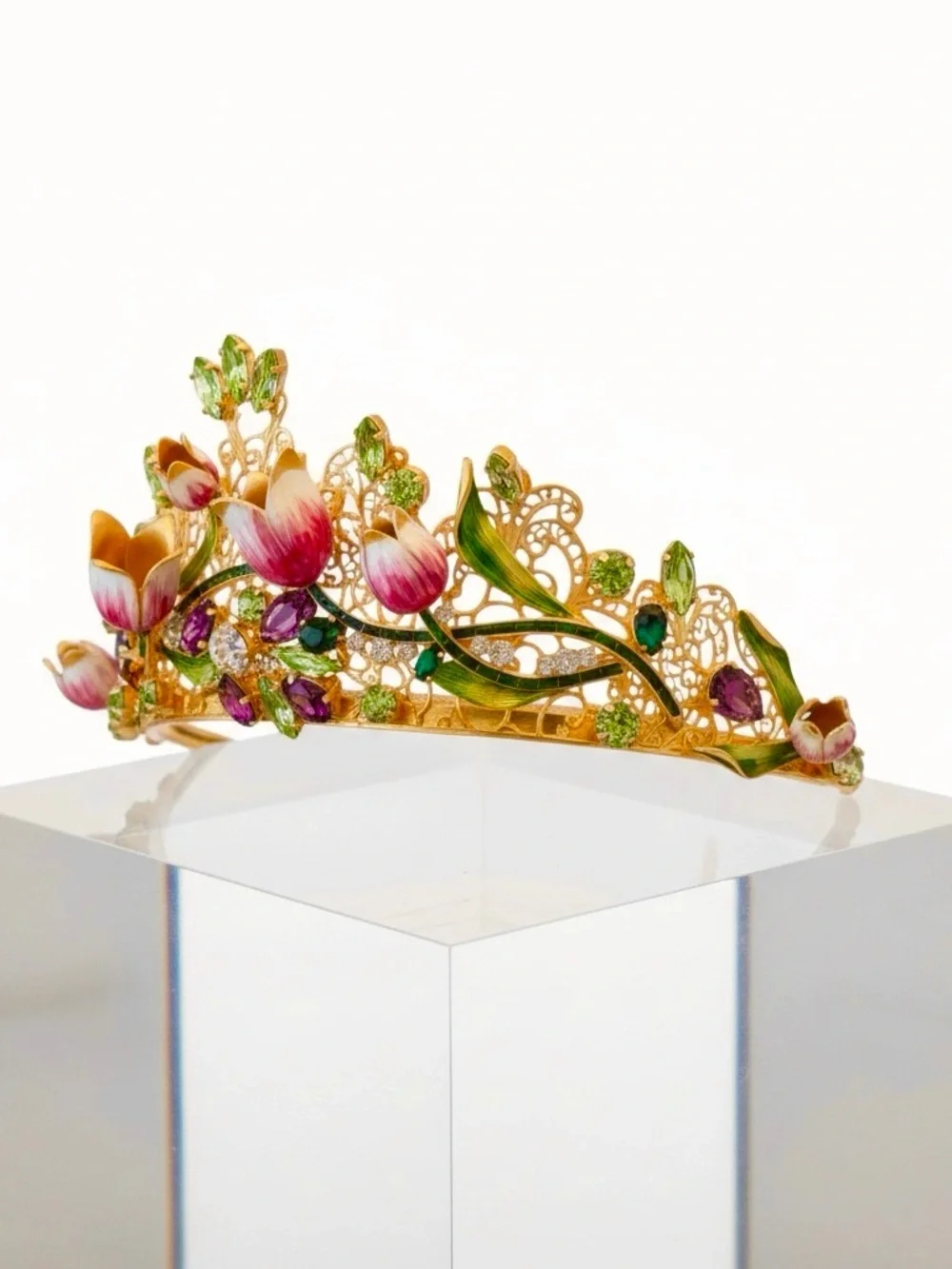 Dolce & Gabbana Gold Floral Jeweled Crown Tiara with Pink and Green Accents